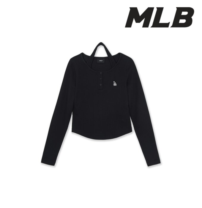 여성 베이직 헨리넥 레이어드 슬림 세미크롭 긴팔 티셔츠 3FTSB1564-07BKS