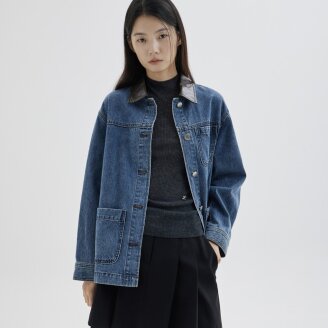 페이크 레더 카라 블록 데님 자켓