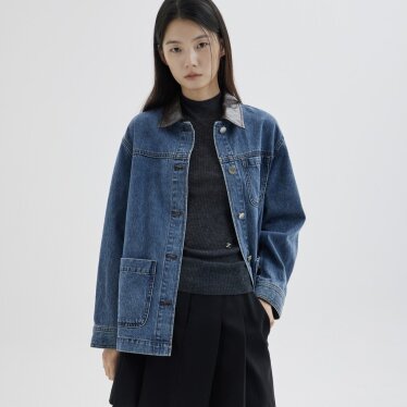 페이크 레더 카라 블록 데님 자켓