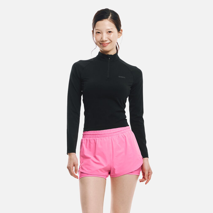 우먼 에센셜 하프 집업 크롭 래쉬가드 블랙 (B6SWWCR001BLK)