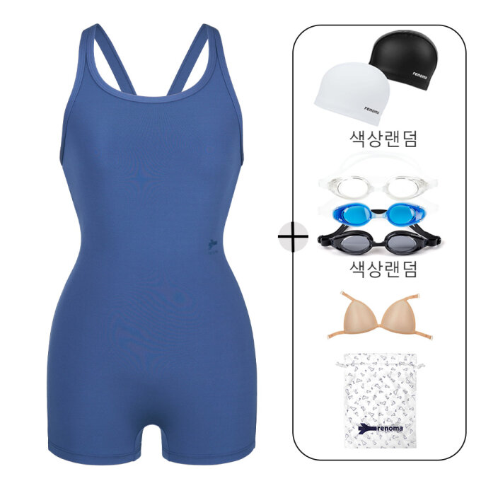 여성 심플  V백 2부 반신 원피스 수영복 세트 LS2G865_NV_SET