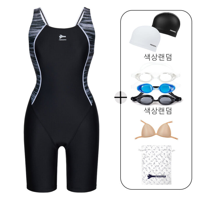 여성 슬림라인 X백 3부 반신 원피스 수영복 세트 LS2G867_BK_SET