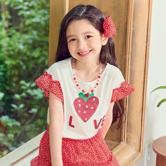 여아 데일리 반팔 소매 배색 화이트 티셔츠 T33KCT020
