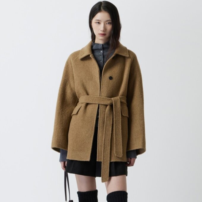 알파카 블렌디드 벨티드 하프 코트