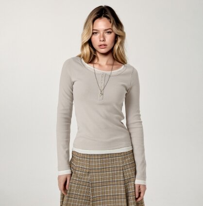 Layered Henry Neck Long Sleeve T-Shirt/WHLAG2283F