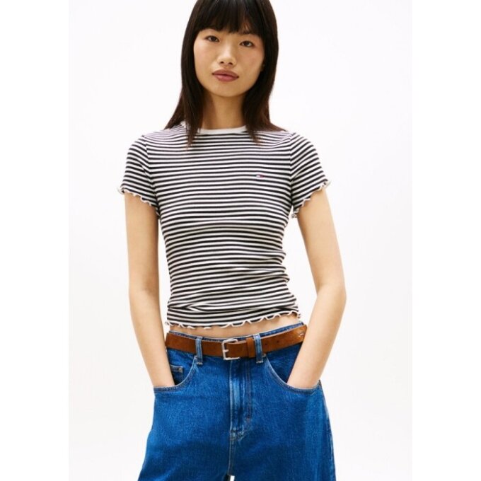 여성 슬림핏 레터스 엣지 립 티셔츠 T32G1TTO53TWT10AQ