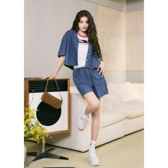 여성 크롭 샴브레이 셔츠 T32G1NSH01TWT11A5