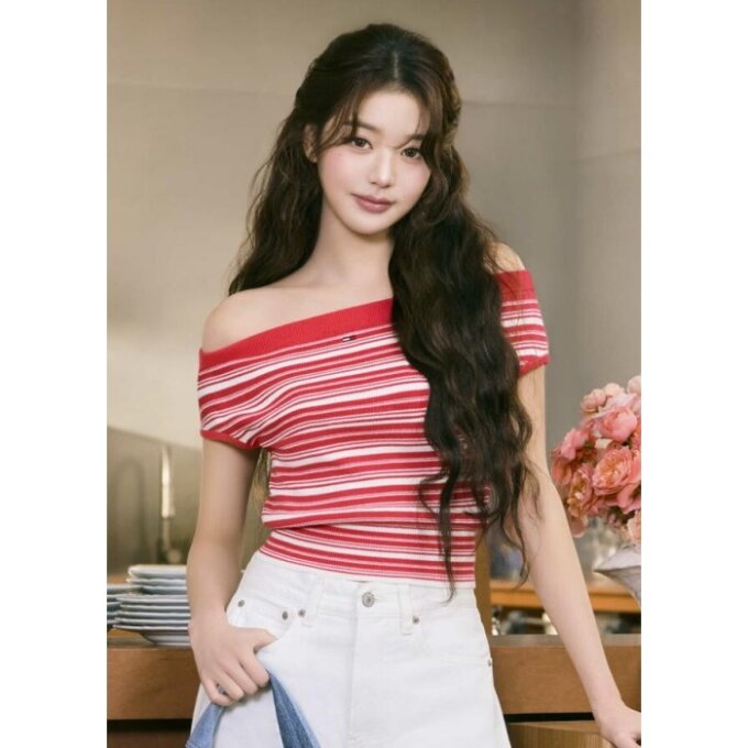 여성 스트라이프 오프 숄더 스웨터 T32G1KTO35TWT1XK3
