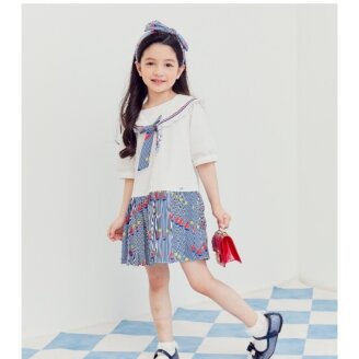아이보리 배색 주름 원피스 T32KAO020