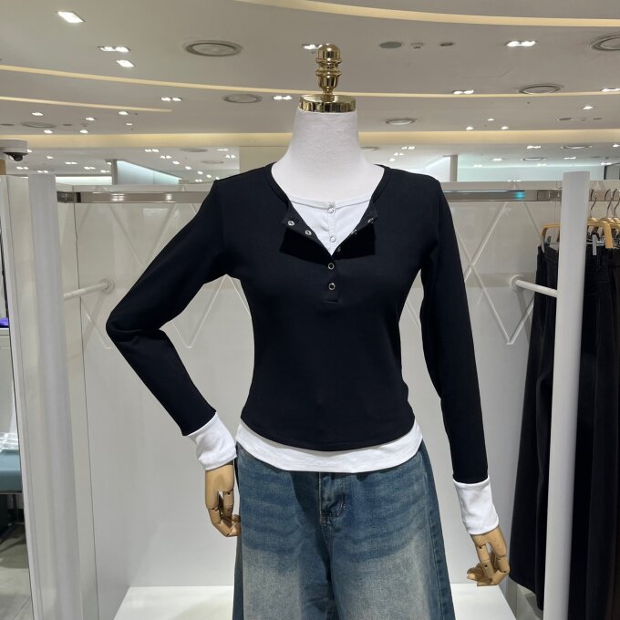 버튼 배색 레이어드 티셔츠 825220
